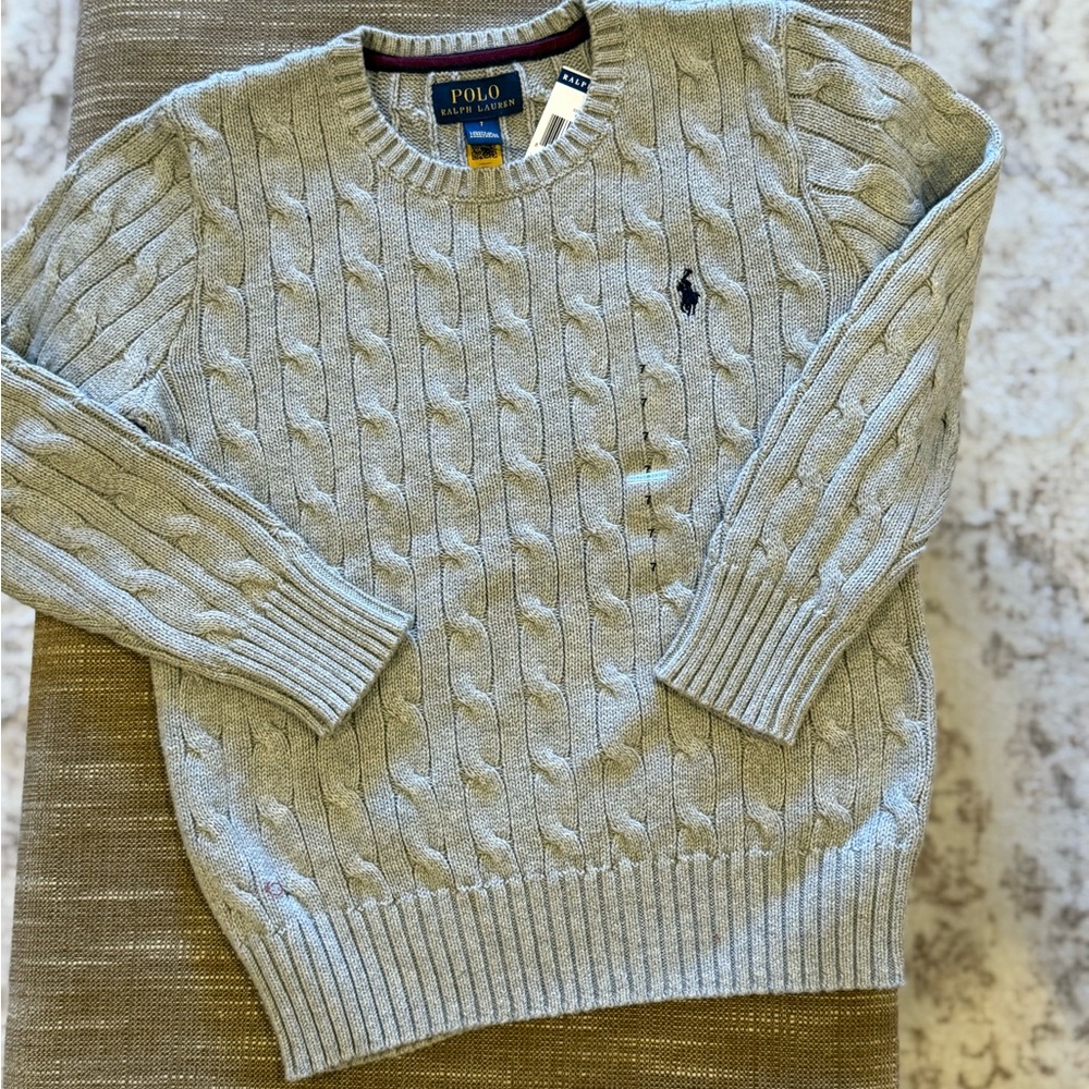Ralph Lauren Light Gray Cable Knit Crewneck Sweater/ youth boys